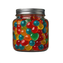A clear glass jar filled with colorful water beads on a black background