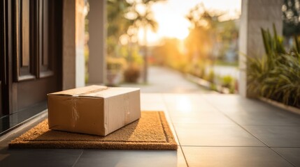 Modern house entrance with a cardboard package on door mat at sunset illumination.