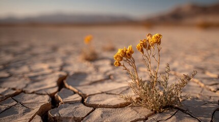 Resilient Plant Growing on Cracked Arid Dry Landscape with Distant Horizon.