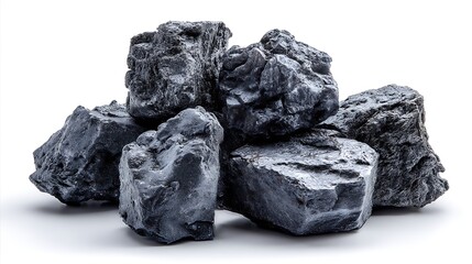 A pile of black coal chunks isolated on a white background, symbolizing raw energy resources with a rough, natural texture.