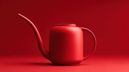 Red teapot with curved spout and handle on vibrant red background illuminated evenly.