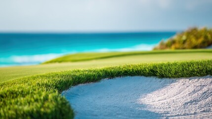 Scenic coastal golf course with lush green fairways and sandy bunker view.