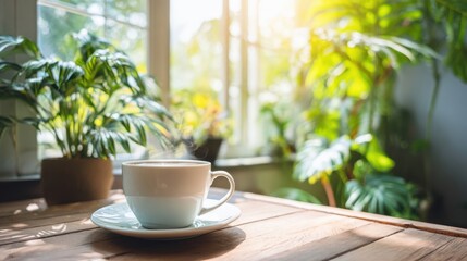Bright Sunlit Indoor Garden with Green Plants and a Coffee Cup on Wooden Table.