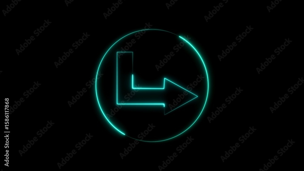 Poster glowing neon arrow symbol inside a circular frame on a dark black background