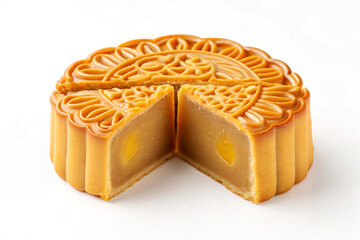 Golden Brown Lotus Seed Paste Mooncake Cut Open Showing Yellow Filling