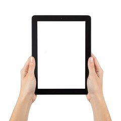 Hands holding a tablet with blank screen isolated on transparent background