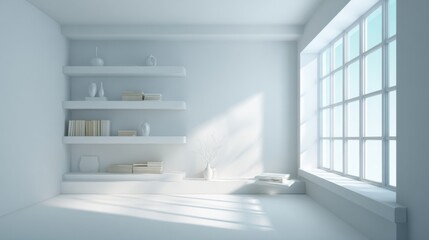 Fototapeta premium Bright minimalist white room with large window and open shelving interior design.