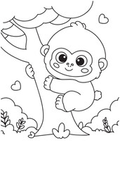 Coloring book monkey climbing a tree and smiling.