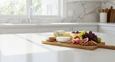 Delicious assortment on cutting board: Cheese, crackers, grapes and nuts in a modern kitchen.