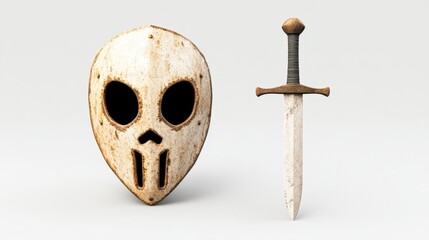 A vintage-style rusted mask and dagger are showcased against a neutral backdrop, perfect for themes of horror, fantasy, or historical adventures, Ideal for film posters, artwork, or Halloween designs