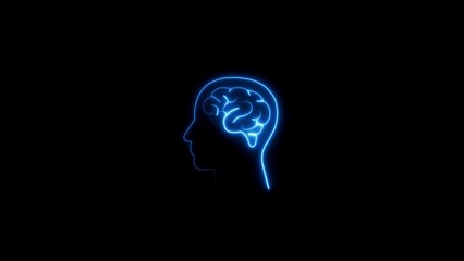 Illuminated neon outline of a human head with the brain highlighted against a black background