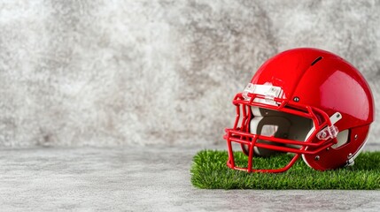 A vibrant red football helmet rests on artificial grass, set against a textured backdrop, This image is ideal for sports-related content, team promotions, or helmet safety discussions,