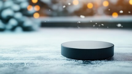 A black hockey puck rests on a snowy surface, with soft bokeh lights in the background, This image can be used for sports marketing, winter-themed promotions, or hockey-related content,