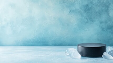 A minimalistic setup featuring a black cylindrical object surrounded by ice on a soft blue background, This image works well for product presentations, spa promotions, or articles on cooling effects,
