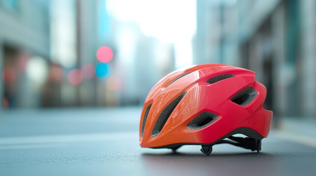 A vibrant orange bicycle helmet rests on a city street, symbolizing safety and active lifestyle, This image is perfect for articles on cycling, safety gear, or urban activities,