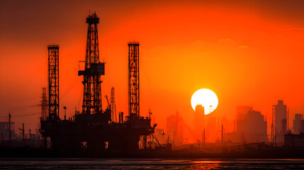 Obraz premium company drilling oil rig sunrise silhouette energy markets sunset growth industrial fuel silhouette