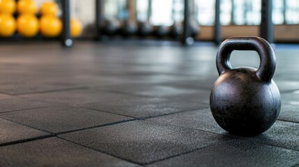 A close-up of a kettlebell on a textured gym floor with blurred fitness equipment in the background, This image is ideal for fitness articles, promotional material for gyms, or workout plans,