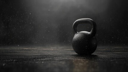 A solitary kettlebell sits on a dark, misty surface with droplets glistening, symbolizing strength and dedication in fitness, Ideal for fitness-related content, gym promotions