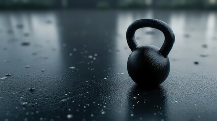A close-up of a black kettlebell resting on a textured surface, conveying strength and fitness, Ideal for health, wellness, gym promotions, or fitness-related content,