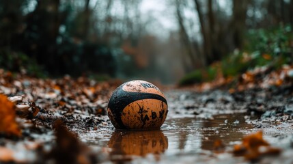 A wet basketball rests in a muddy path surrounded by fallen leaves, capturing a moment of nature reclaiming urban play equipment, Ideal for themes of abandonment, nature, or sports nostalgia,