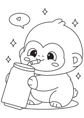 Coloring book monkey drinking with a straw.