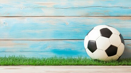 A soccer ball on green artificial grass against a blue wooden background, ideal for sports-related themes, fitness articles, or promotional materials for youth leagues and outdoor activities,