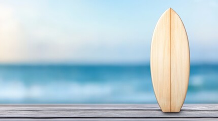 A wooden surfboard stands on a weathered deck against a blurred ocean backdrop, evoking a tranquil seaside vibe, Ideal for promoting beach activities, surfing lessons, or vacation rentals,