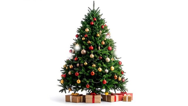 A decorated evergreen tree stands centered against a white backdrop, adorned with ornaments and gifts beneath