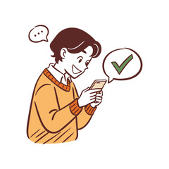 Happy Man Using Smartphone with Check Mark | Vector
