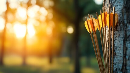 A close-up of arrows with vibrant orange fletching embedded in a tree, illuminated by soft, warm sunlight, This image conveys themes of archery, nature, and focus