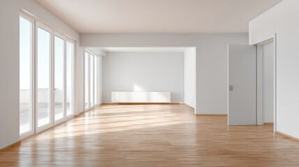Bright spacious empty living room with large windows and wooden flooring.