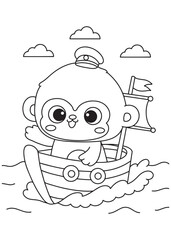 Coloring book monkey sailing a small boat.