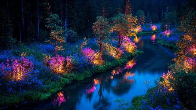 Small lights illuminating colorful flowers and trees along the banks of a river flowing through a garden at twilight, creating a magical and enchanting atmosphere