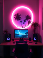 A futuristic gaming setup bathed in vibrant neon glows, featuring a sleek computer, comfortable gaming chair, and a captivating circular light, creating an immersive and electrifying atmosphere.	
