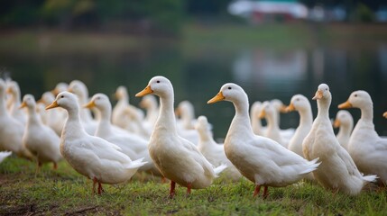 Obraz premium Group of White Ducks on Grass by Waterbody in a Natural Outdoor Environment.