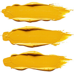 Three strokes of yellow paint texture, brush effect, isolated on transparent background
