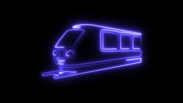 Animation of a neon train icon, glowing metro rail animated.4k video