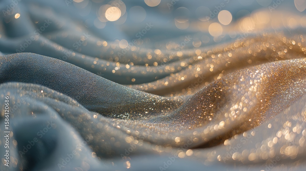 Poster close-up of shimmering fabric with soft folds and bokeh lights, creating a dreamy, glittering textur