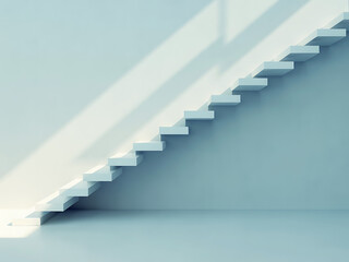 Minimalist white staircase ascending against a pale blue wall with light shadows