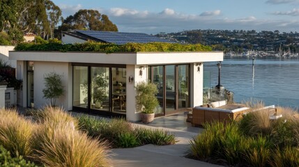 Fototapeta premium Modern contemporary house with large glass windows overlooking water and scenic landscape.