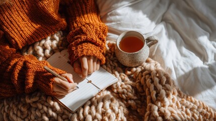 Cozy scene of person writing in notebook with warm blanket and cup of tea indoors.