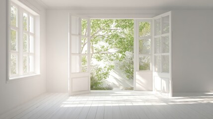 Bright airy room with large open windows and lush green outdoor view.