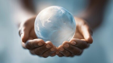Cupped hands supporting translucent globe symbolizing global responsibility. AI generated.