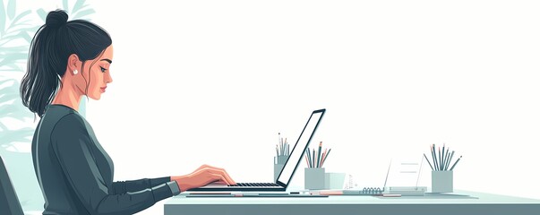 Woman working at a desk with a laptop.