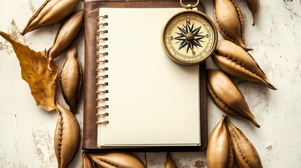 A leather-bound notebook, compass, and dried leaves on a textured surface.