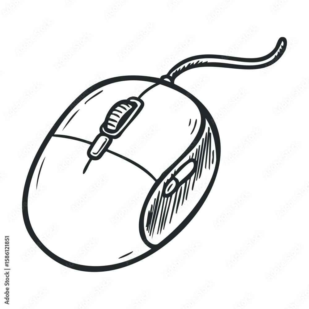 Poster black and white computer mouse line drawing with scroll wheel. hand draw vector illustration