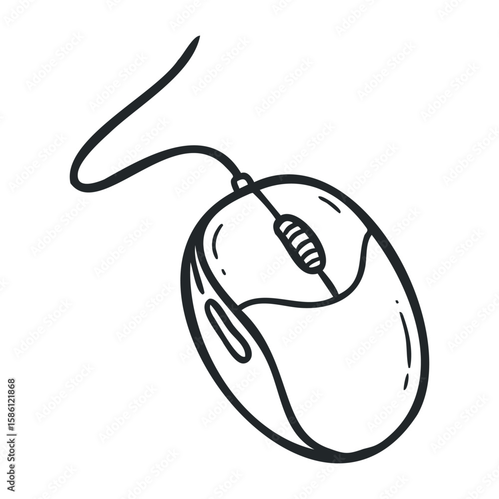 Poster hand-drawn computer mouse with scroll wheel and wired connection in black and white. hand draw vecto