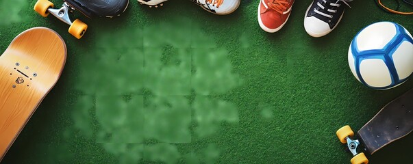 Various sports equipment arranged on a green surface.