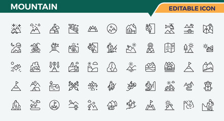 Mountain line icon set. Contain linear sign climb, expedition, climbing, outdoor, rock, tour, tourism and more. Hiking simple icon set. Thin outline icons pack. Editable stroke collections.