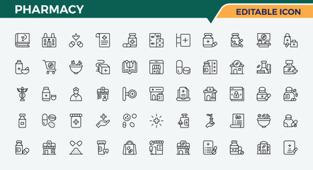 Pharmacy vector line icon set. Perfect for logos and infographic. Vector illustration. Medicine icon set. It contains symbols to pharmaceutical, capsule, pain, vitamin, dose and more.